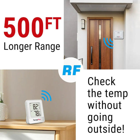 Wireless Indoor Outdoor Thermometer With 500ft Range And Temperature Sensor Real-Time House And Patio Temperature Monitor Easy-Read 2-Inch Display showing RF signal indoors and outdoors