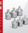 Six pieces of the 12 Piece Torx Stubby Low Profile Socket Set T10 Through T60 in S2 Steel, highlighting T10-T30 sizes and 1/4 inch drive.