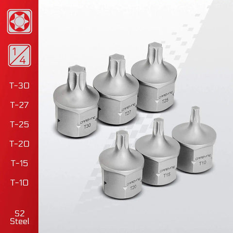 Six pieces of the 12 Piece Torx Stubby Low Profile Socket Set T10 Through T60 in S2 Steel, highlighting T10-T30 sizes and 1/4 inch drive.