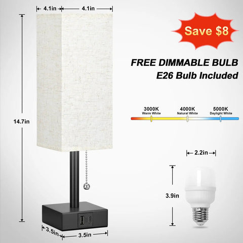 Cozy Bedside Table Lamp With 3 Color Temperatures 3000K 4000K 5000K, featuring beige shade, black base, USB ports, and LED bulb.