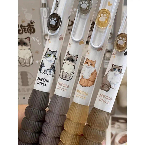 Four Pack Cute Cat Gel Pens Retractable 0.5mm Black Ink Writing Pens For Girls Women Boys Kawaii Aesthetic Cartoon Pens