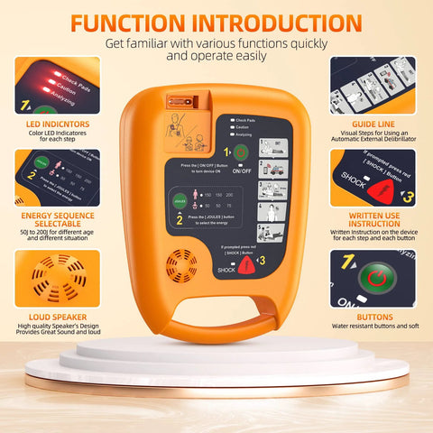 Front view of orange AED automatic external defibrillator with black control panel and labeled indicators.