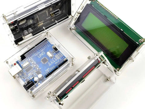 Crystal Clear Acrylic Enclosure Kit For Arduino Mega 2560 R3 Modules showing laser-cut 2.5mm thick case with reset button in middle