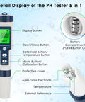Detail display of 5 In 1 Water Test Meter for PH TDS EC Temperature and Salt with LCD, buttons, battery compartment.