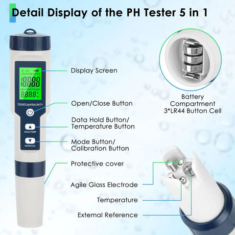 Detail display of 5 In 1 Water Test Meter for PH TDS EC Temperature and Salt with LCD, buttons, battery compartment.