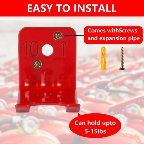 Badass Durability Iron Fire Extinguisher Brackets 2 Pack Wall Mount Holders showing red steel rack with screws, holding 5-15 lbs.