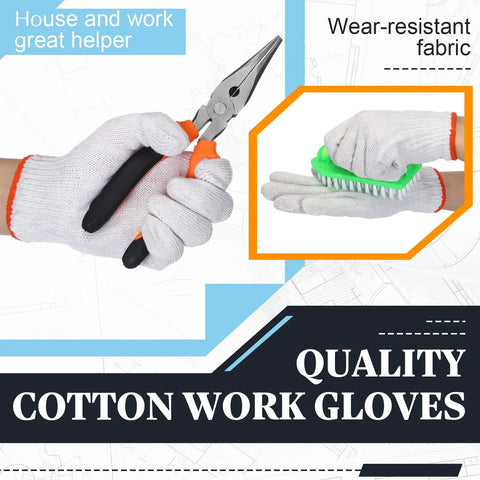 Hands wearing 100 Pairs Cotton Liner Gloves For Work And BBQ Roping, holding pliers and brush, showcasing non-slip white safety hand protection.