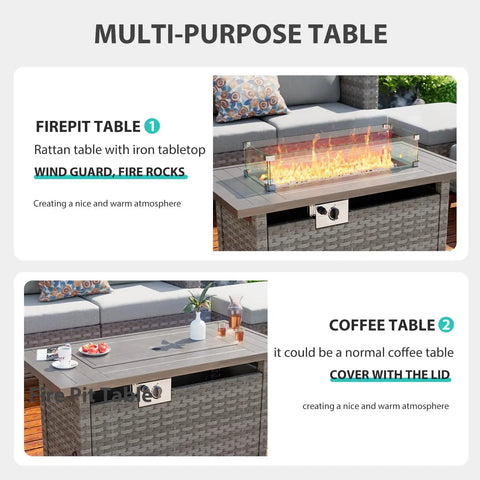 44 Inch Outdoor Fire Pit Table With Wind Guard And Auto Ignition Propane Gas Fire Pit 60,000 BTU Gray Rattan Rectangular Table