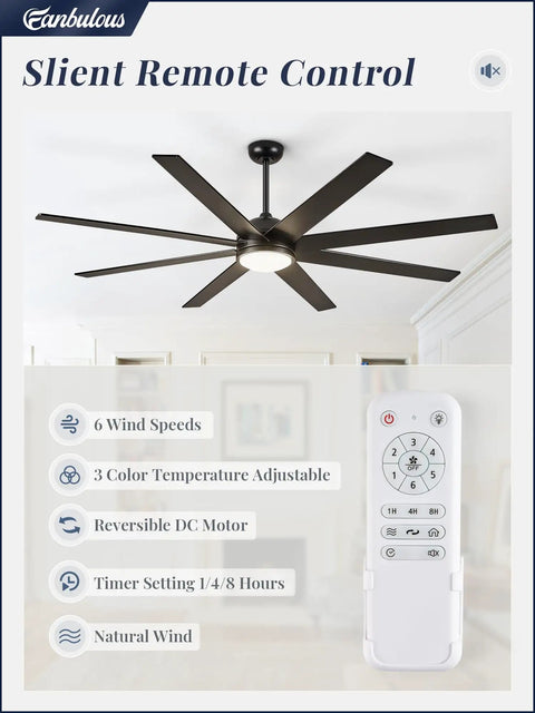 65 Inch Black Indoor Outdoor Ceiling Fan With Lights And Remote, Quiet Reversible DC Motor, 6 Speeds, remote control displayed