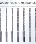 Kinspire SDS Plus masonry drill bit set, 7-piece, 160mm, tungsten steel bits with 4-cutter cross tips for concrete.