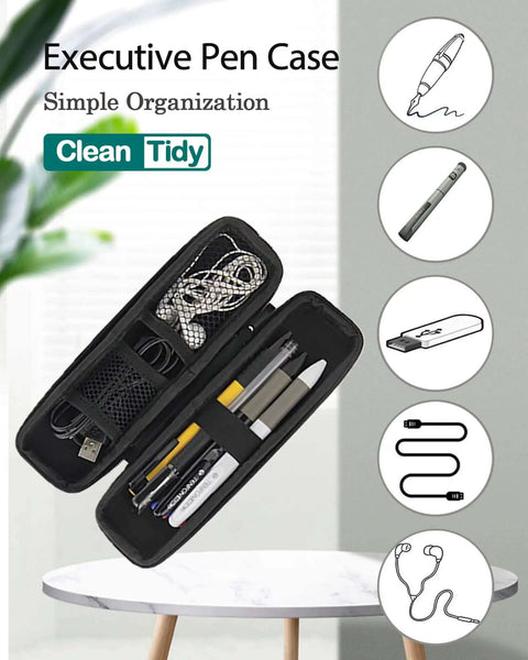 Heavy Duty Slim Pencil Case For Adults And Jetsetters With Dang Tough Waterproof Hard Shell Armor And Snap Tight Elastic Bands, showing secure organized storage for pens and cables.