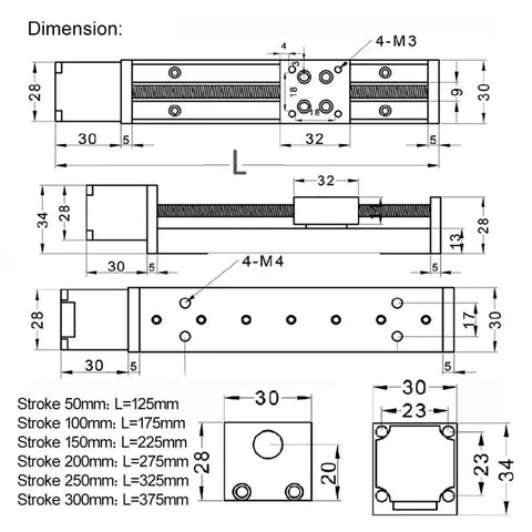 Dimensions of Rock Solid 4 Piece Nema11 Driven Cnc Gantry Stage 3 Axis Xyz Linear Rail Kit with stroke measurements.