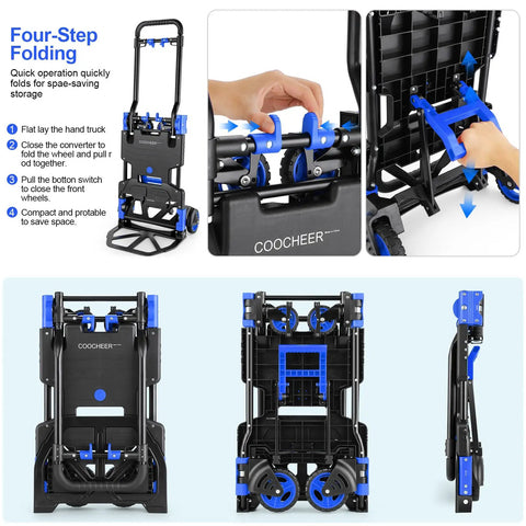 Heavy Duty Folding Hand Truck With Four Wheel And Two Wheel Convertible Dolly Cart Grab N Go Retractable Handle 330 lb folded