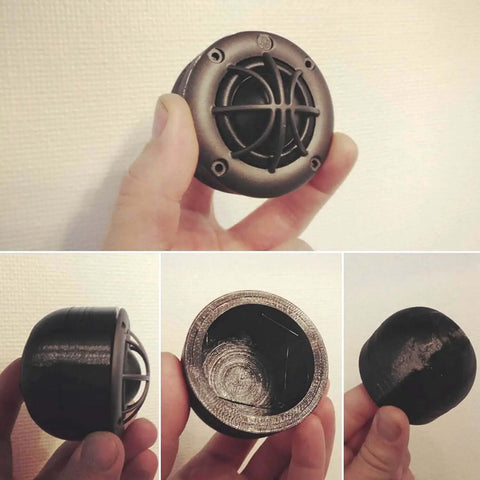Close-up of objects showcasing the finish and impact strength of PETG 1.75mm 3D Printer Filament Spool 1Kg Solid Black With High Gloss Finish.