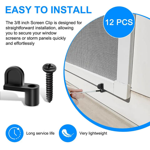 12 Pack 3 8 Inch Window Screen Clips For Storm Windows And Sliding Glass Doors, black clips with screws for easy installation.