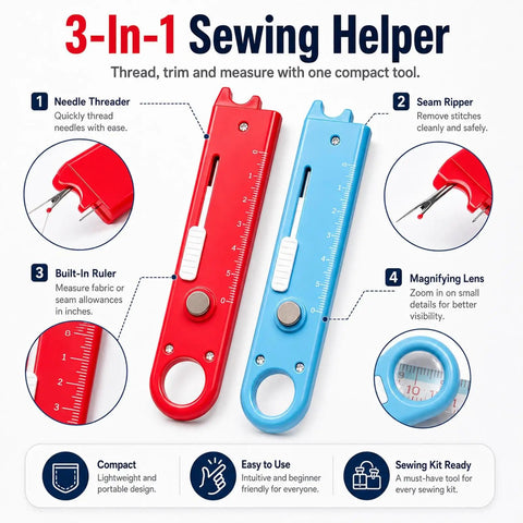 Automatic Needle Threader Tool With Built In Magnifier And Scale For Quick Sewing, Quilting, Embroidery And DIY Projects, No Fuss Threading In Seconds, Red, 3-in-1 sewing helper with ruler
