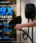 Image of Screaming Fast 48 Amp Level 2 EV Charger With Nacs Connector mounted on a wall, showing charging display and connector.