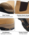 Close-up view of Mens 6 Inch Steel Toe Slip On Work Boots Chelsea Waterproof Safety Footwear features like steel toecap and rubber outsole.