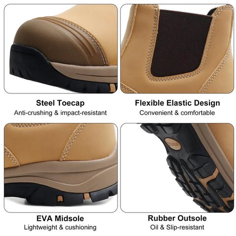 Close-up view of Mens 6 Inch Steel Toe Slip On Work Boots Chelsea Waterproof Safety Footwear features like steel toecap and rubber outsole.