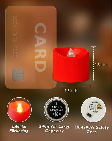 Red LED Tea Lights Battery Operated Flameless Candles, 1.3 inches high, CR2032 battery, UL4200A certified.