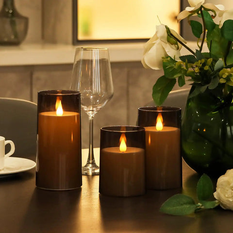 Grey Flameless Pillar Candles With Remote Control And Timer Battery Operated LED Candles Featuring Realistic 3D Flame Perspex Construction