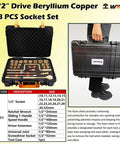 Non Sparking Tools Set 28-Piece Pro Grade Beryllium Copper Socket Kit with open case displaying tools and closed case in hand