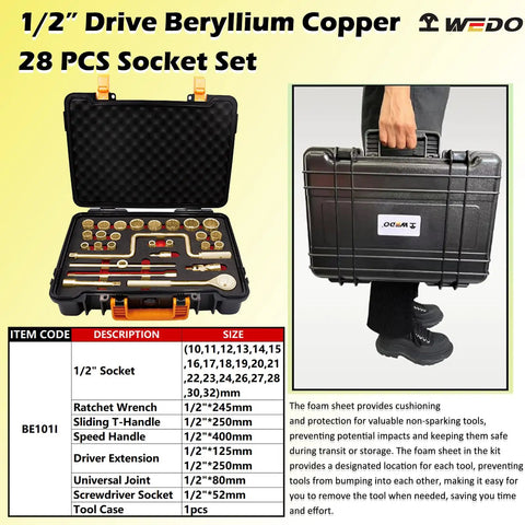 Non Sparking Tools Set 28-Piece Pro Grade Beryllium Copper Socket Kit with open case displaying tools and closed case in hand