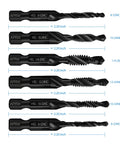Combo Drill Bit And Tap Set For Quick Threading, Imperial And Metric Sizes with 1/4 Inch Hex Shank, six pieces displayed