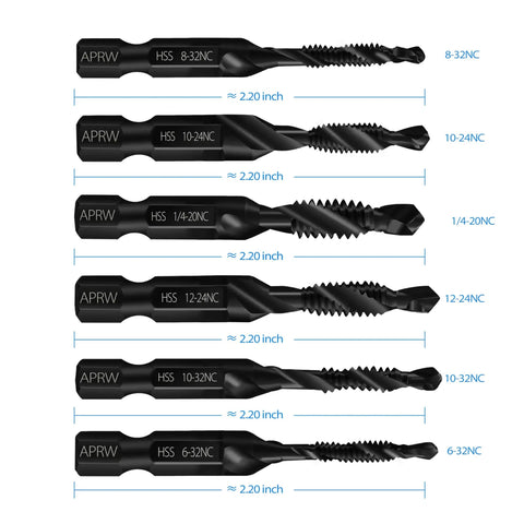 Combo Drill Bit And Tap Set For Quick Threading, Imperial And Metric Sizes with 1/4 Inch Hex Shank, six pieces displayed
