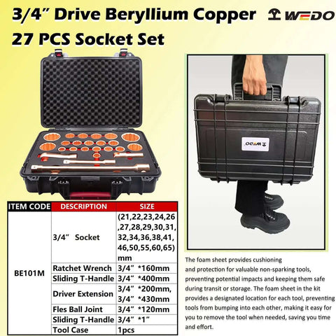 27 Piece Beryllium Copper Socket Set Featuring Three Quarter Inch Drive Ratchet And Flex Ball Joint T Handle Wrench Kit for hot industrial sites in a carrying case.