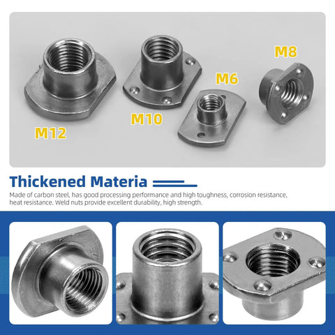 Pro Grade Heavy Duty Carbon Steel Weld Nuts Set M6 M8 M10 M12 showcasing M6, M8, M10, M12 weld nuts with thickened material.