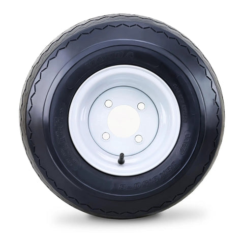 Front view of 18X8.5-8 Golf Cart Tires And Wheels Assembly with white steel rim, 4 ply construction for utility carts.