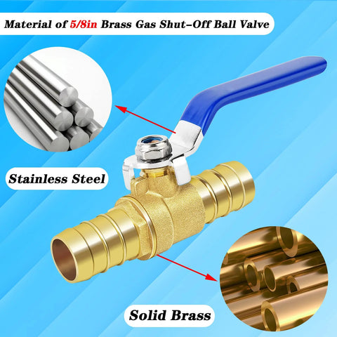 Brass hose-barb ball valve with blue lever; 5/8 inch fittings; includes stainless steel clamps; solid brass construction