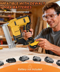 No Fuss 18 Gauge Cordless Brad Nailer And Stapler Combo featuring a user installing a DEWALT battery, ideal for home projects.