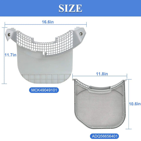 Size dimensions of Beefed Up Dryer Lint Filter Replacement For LG And Kenmore Elite Dryers showing MCK49049101 and ADQ56656401 sizes
