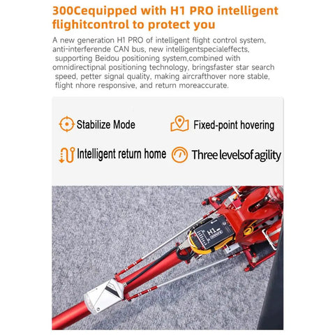 Ultra Realistic All Metal RC Helicopter With GPS And 2.4G Control 3 Blade 12CH Flybarless System H1 PRO Smart Flight Control Auto Hover One Key Return LED Lights RTF Version In Red For Serious Hobbyists showing H1 PRO controller and stability features.