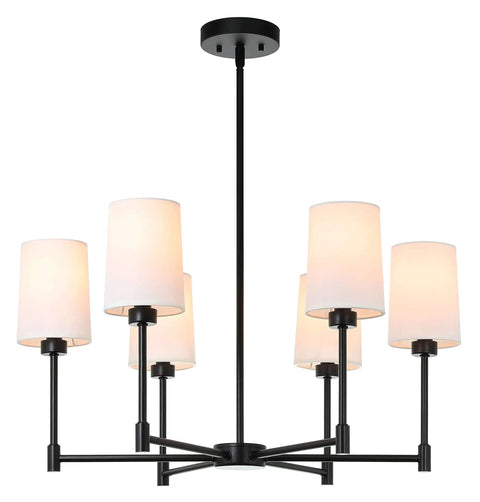 6 Light Chandelier With Fabric Shade In Matte Black Finish Modern Pendant Lighting For Living Room And Dining Room Adjustable Thin Bar Arms Sleek Indoor Ceiling Fixture For Your Space