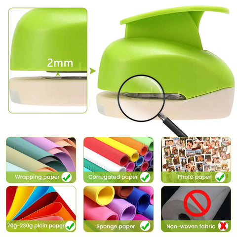 All In One Circle Punch Set For Scrapbooking And DIY Card Making Includes Five Sixteenth Inch Five Eighths Inch And One Inch Hole Punches For Confetti Photo Albums And Craft Projects That Are A Total Game Changer For Kids And Creative Makers image showing circle punch and compatible paper types.