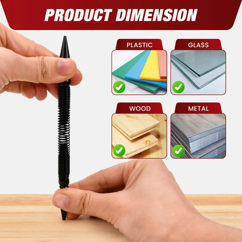 Hand holding a two piece spring loaded nail setter and hinge pin remover punch set, showing material compatibility with plastic, glass, wood, metal.