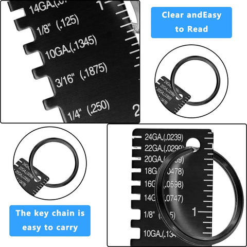 Four Piece Double Sided Wire Gauge Tool Set for Metal Sheets, Thickness Gauge with Deep Engravings, Portable Black Size Inspection Tool for Welding and Metalworking, Easy Readability From Both Sides shown with close-up details and keychain