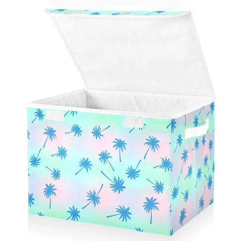 Insane Quality Foldable Storage Bin With Lid, Collapsible Box For Home Bedroom, 300D Oxford Fabric With Hollow Board Frame, Dustproof Flip Top Cover With Velcro Closure, Space Saving Container For Clutter Control with palm tree design.