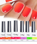 Close-up of hands with bright orange nails using HEMA-Free Neon Gel Nail Polish Kit with 6 Long-Lasting Soak-Off UV LED Polishes