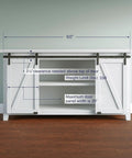 White TV stand with 5Ft Mini Double Door Barn Door Hardware Kit for TV Stands and Cabinets Durable Black Steel Track
