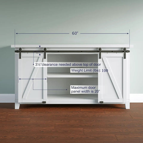White TV stand with 5Ft Mini Double Door Barn Door Hardware Kit for TV Stands and Cabinets Durable Black Steel Track
