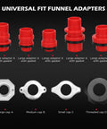 Universal fit funnel adapters for 22 Piece No Spill Coolant Filling Funnel Kit With Siphon Hose Pump And Universal Radiator Refill Set.