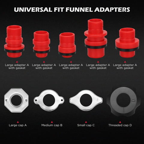 Universal fit funnel adapters for 22 Piece No Spill Coolant Filling Funnel Kit With Siphon Hose Pump And Universal Radiator Refill Set.