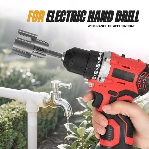 Drill-powered pipe threader kit for PVC and PPR, used outdoors for DIY repair on 1/2-3/4 inch pipes, with hand drill.