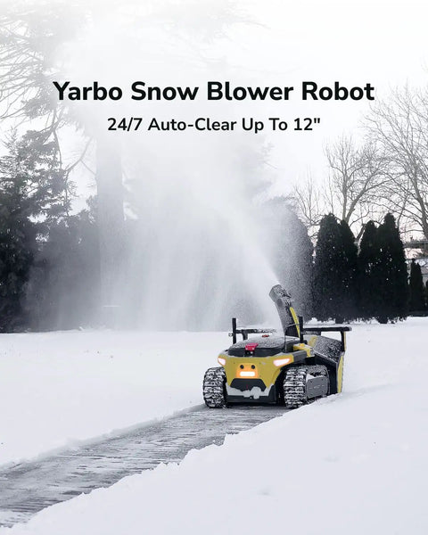 All Season Yard Master 4 In 1 Modular Robot for snow blowing in winter landscape, showcasing AI multi zone mapping.
