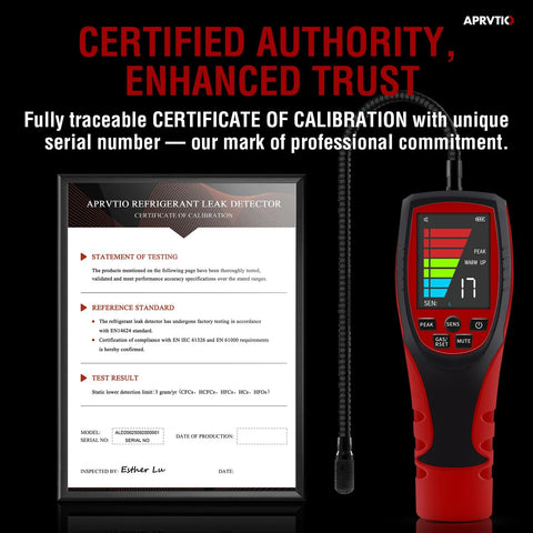 Front view of APRVTIO ALD-200 PRO refrigerant leak detector, red/black handheld with 2.6-inch color display and probe.