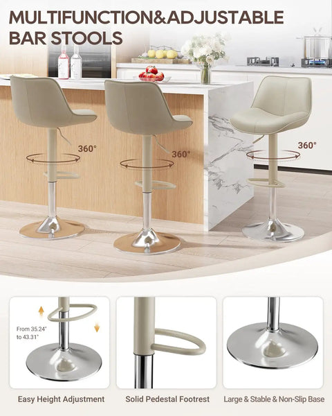 Adjustable Swivel Faux Leather Bar Stools Set Of 2, 26-34 Inch Counter Height Chairs With Footrests, Beige, kitchen island